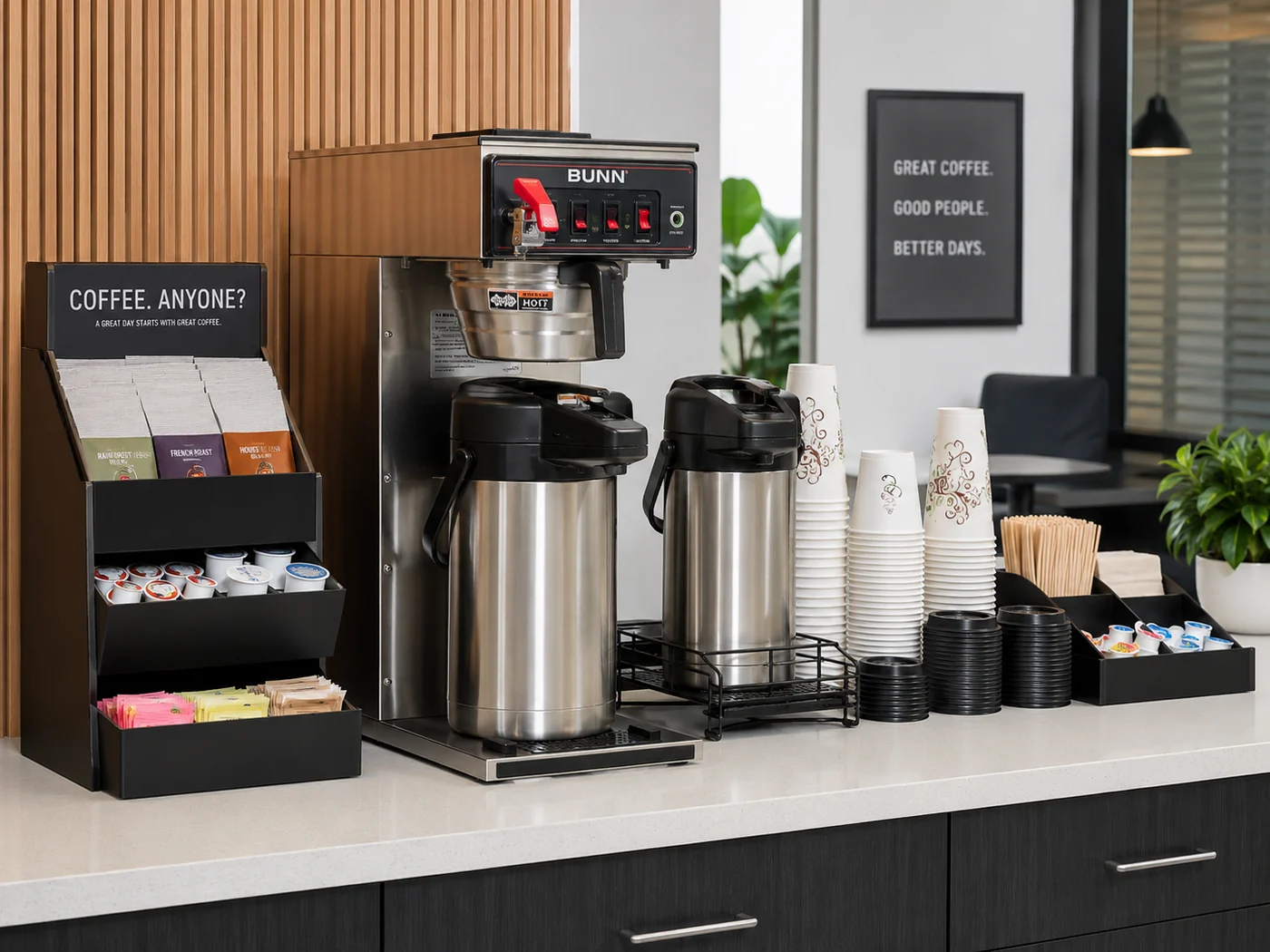 Commercial office coffee brewer with airpots, cups, condiments, and breakroom supplies