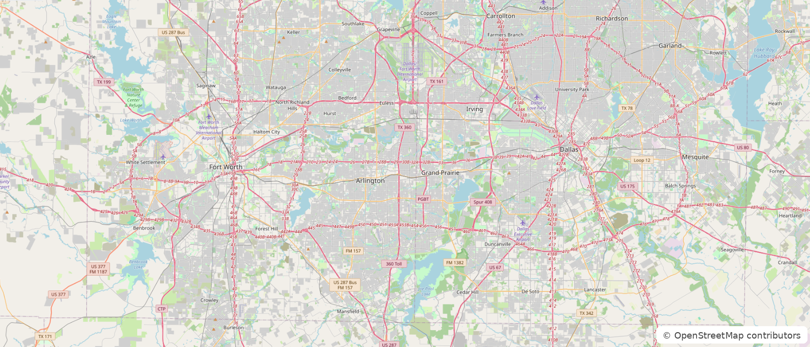OpenStreetMap view of the Dallas-Fort Worth Metroplex representing the Broyles Vending service area