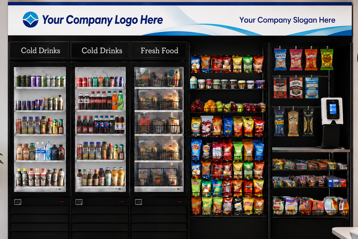 Custom-branded micro market display with customer logo, slogan, colors, snacks, drinks, fresh food, and Pico checkout kiosk