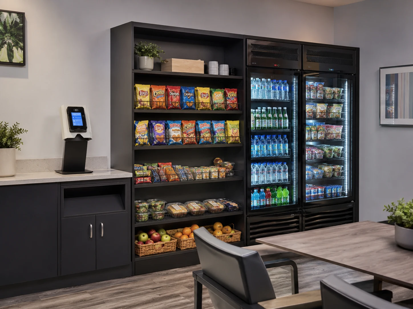 Wall-style micro market setup with Pico checkout kiosk, snack shelving, and refrigerated coolers