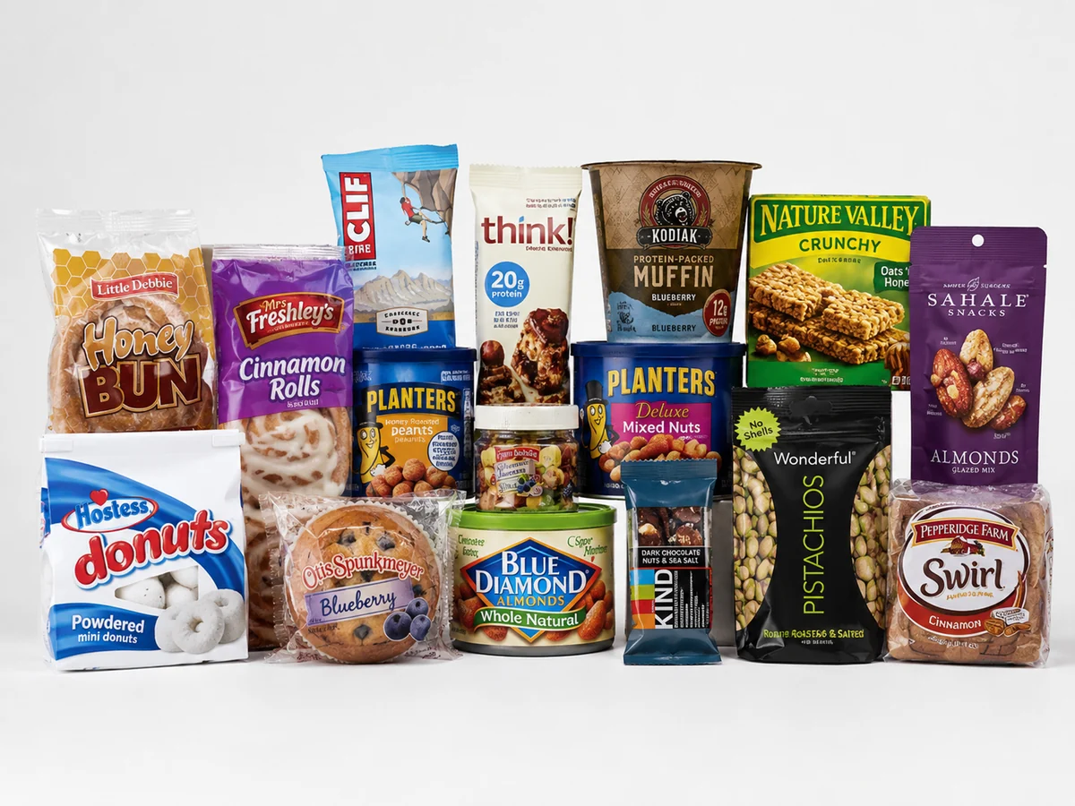 Representative assortment of breakfast pastries, protein snacks, nuts, and better-for-you choices
