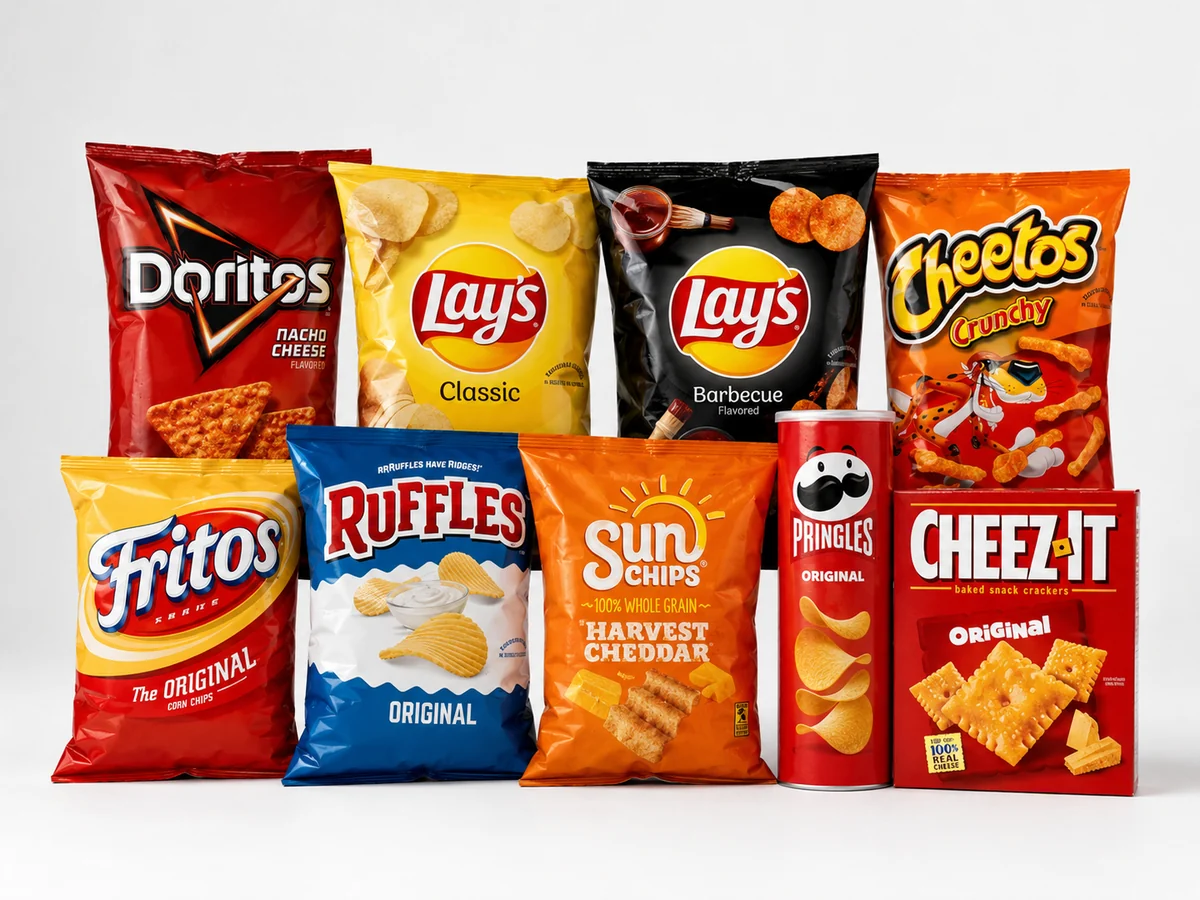 Representative assortment of chips, crackers, and savory snacks available from Broyles Vending
