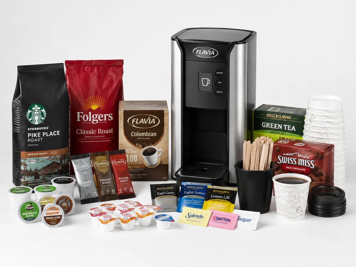 Representative office coffee system, coffee products, tea, cocoa, creamers, sweeteners, cups, and supplies