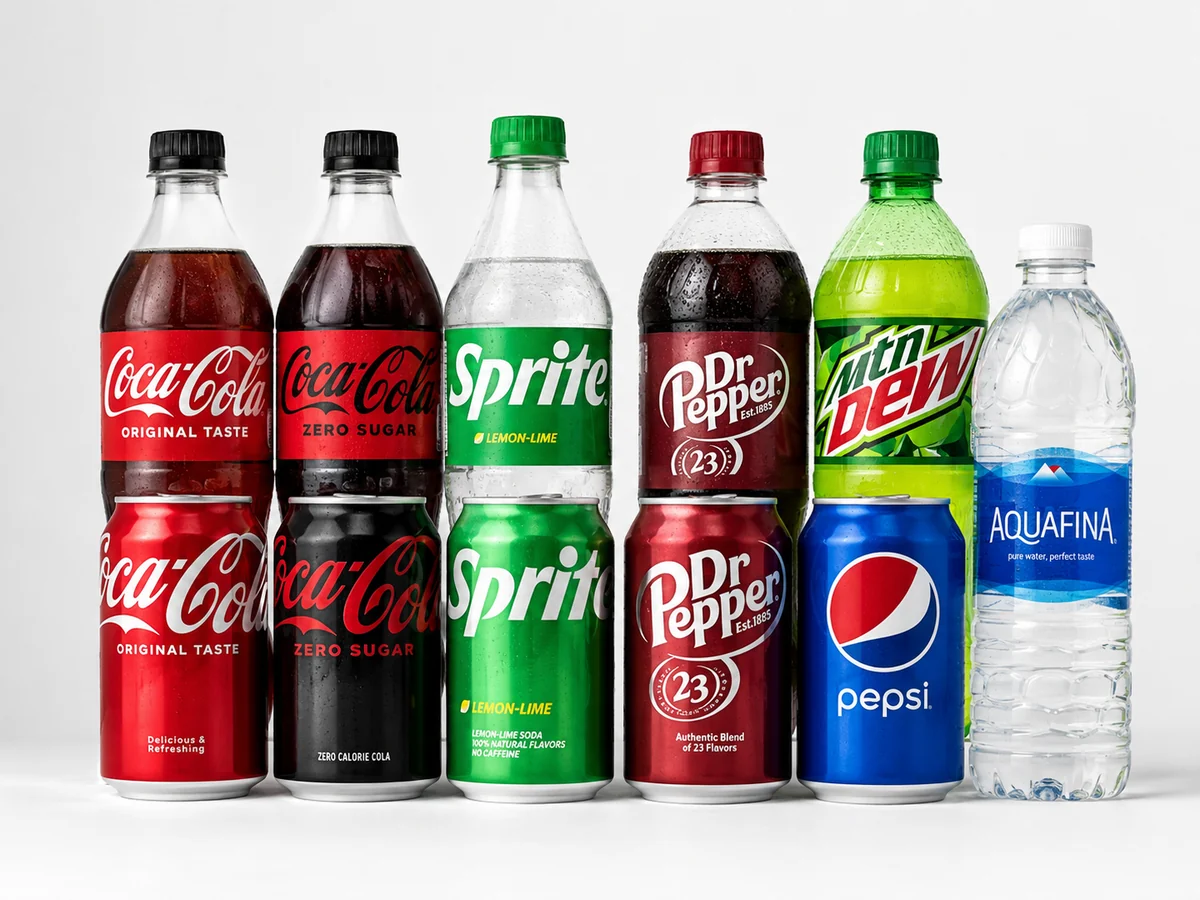 Representative assortment of bottled sodas, canned drinks, and bottled water available from Broyles Vending