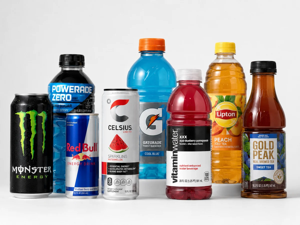 Representative assortment of energy drinks, sports drinks, vitamin drinks, and bottled teas